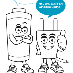 Steckdosenstecker („Stecki“) mit freundlichen Gesichtern und Turnschuhen. In der Sprechblase steht: „Hey! Wir sind Batti & Stecki! Wir sind E-Schrott-Spezialisten.“ Daneben die Aufforderung: „Mal uns bunt an, wenn du magst.“ Unten QR-Code, die Website plan-e-kids.org und das Logo von „PLAN E Kids – E-Schrott kinderleicht entsorgen“.