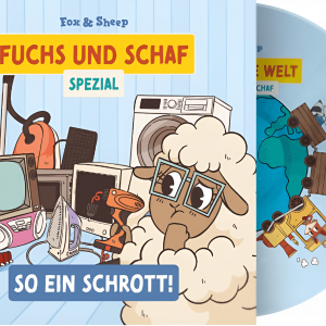 Illustrierte CD-Hülle mit den Figuren Fuchs und Schaf aus der Reihe „Fox & Sheep“. Titel: „Fuchs und Schaf Spezial – So ein Schrott!“. Die Tiere stehen nachdenklich vor einem Haufen alter Elektrogeräte wie Fernseher, Föhn und Waschmaschine. Im Hintergrund ist die passende CD mit Zug und Weltkartenmotiv zu sehen.