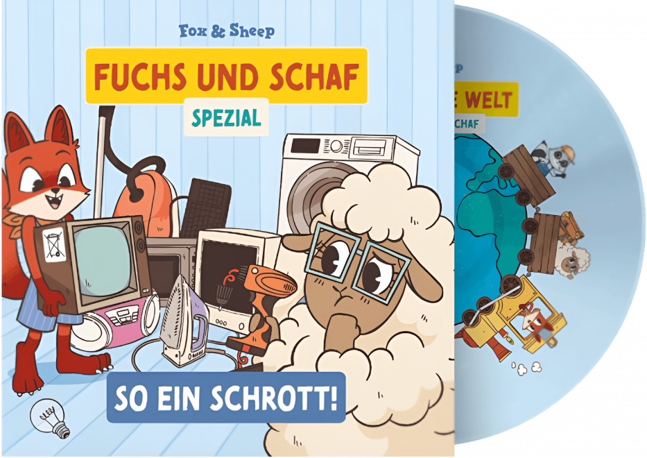 Illustrierte CD-Hülle mit den Figuren Fuchs und Schaf aus der Reihe „Fox & Sheep“. Titel: „Fuchs und Schaf Spezial – So ein Schrott!“. Die Tiere stehen nachdenklich vor einem Haufen alter Elektrogeräte wie Fernseher, Föhn und Waschmaschine. Im Hintergrund ist die passende CD mit Zug und Weltkartenmotiv zu sehen.